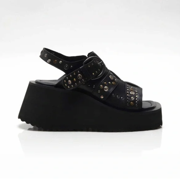 FREE PEOPLE Ace Studded Wedges / Black Leather - Picture 8 of 16